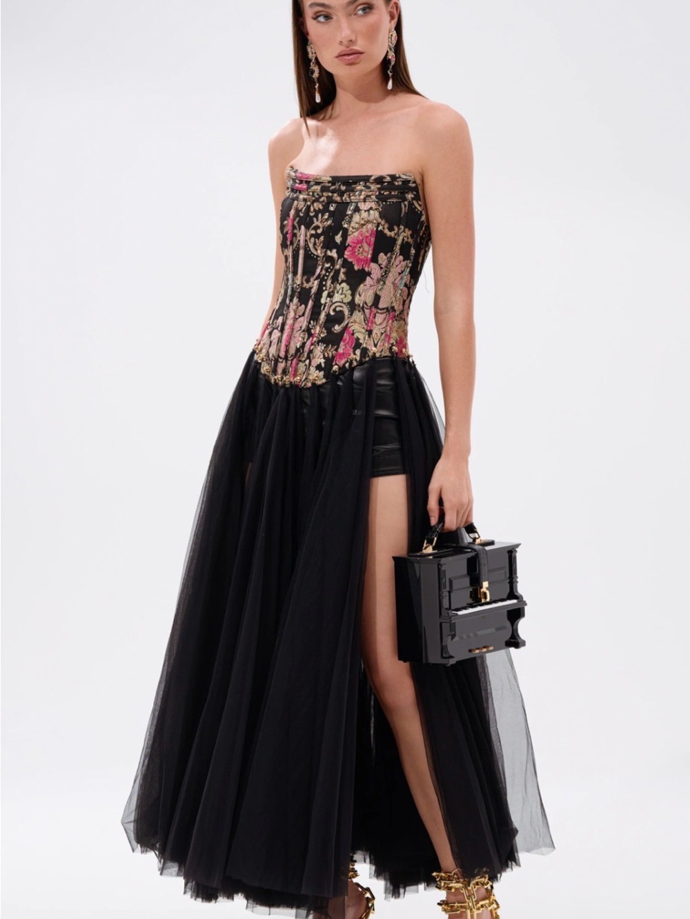 Black Floral Brocade Strapless Corset Tulle Skirt Dress